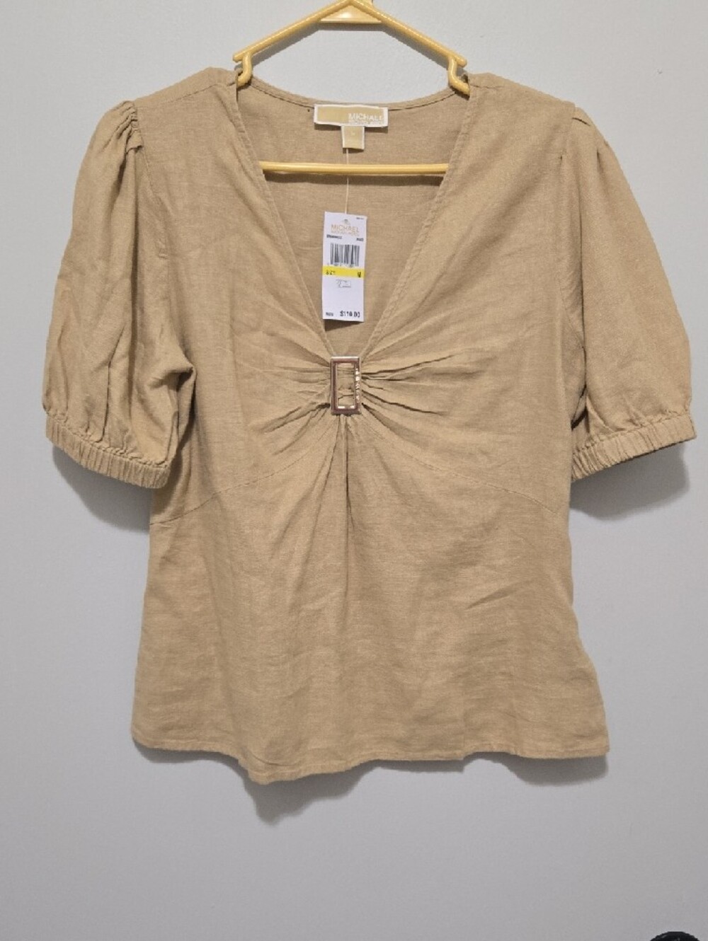 Michael Kors Tan V-Neck Puff Sleeve Top with Center Buckle